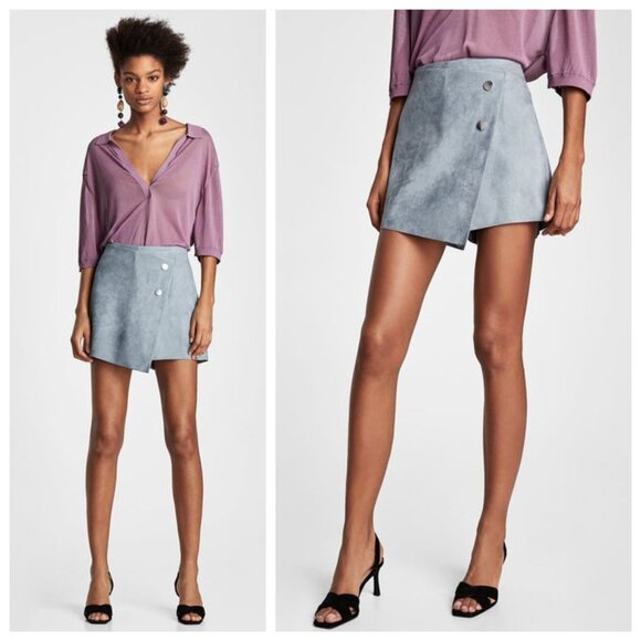 Zara Grey Faux Suede Button Wrap Drape Envelope Skort - Picture 2 of 6